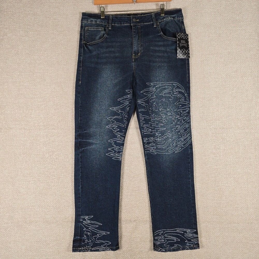 Rebel Vengeance Mens Embroidered Skull Flame Dark Wash Stretch Jeans 36x32 NEW